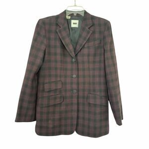 DKNY Vintage Plaid Wool Blazer Burgundy Black Grandpacore 90s Oversized size 10